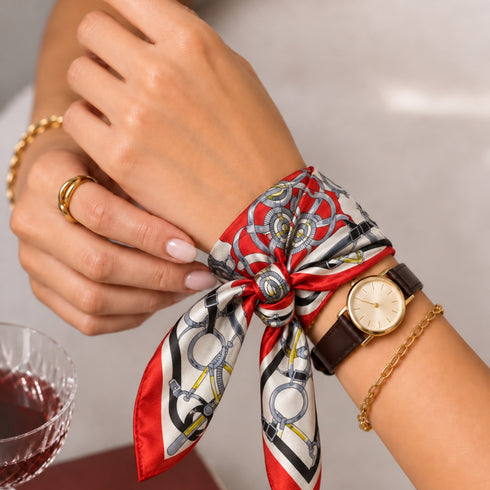Red Strap & Buckle Printed Silk Bandana
