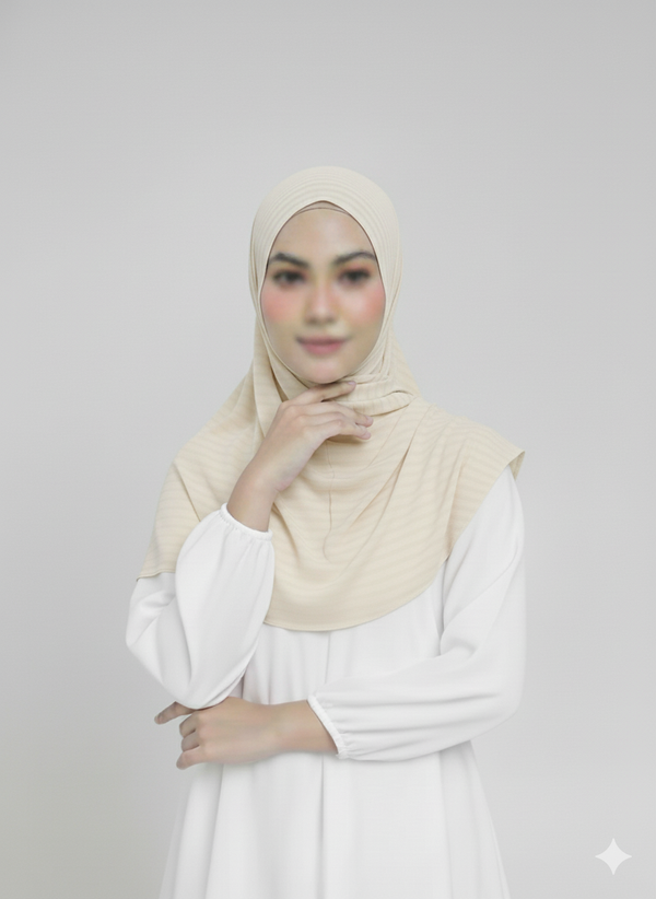 Ribbed Jersey Striped Hijab - Cream