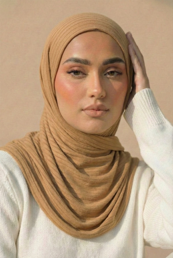Ribbed Jersey Striped Hijab - Camel