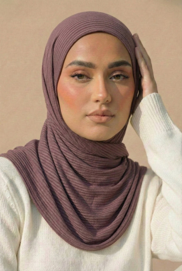 Ribbed Jersey Striped Hijab - Dark Mauve
