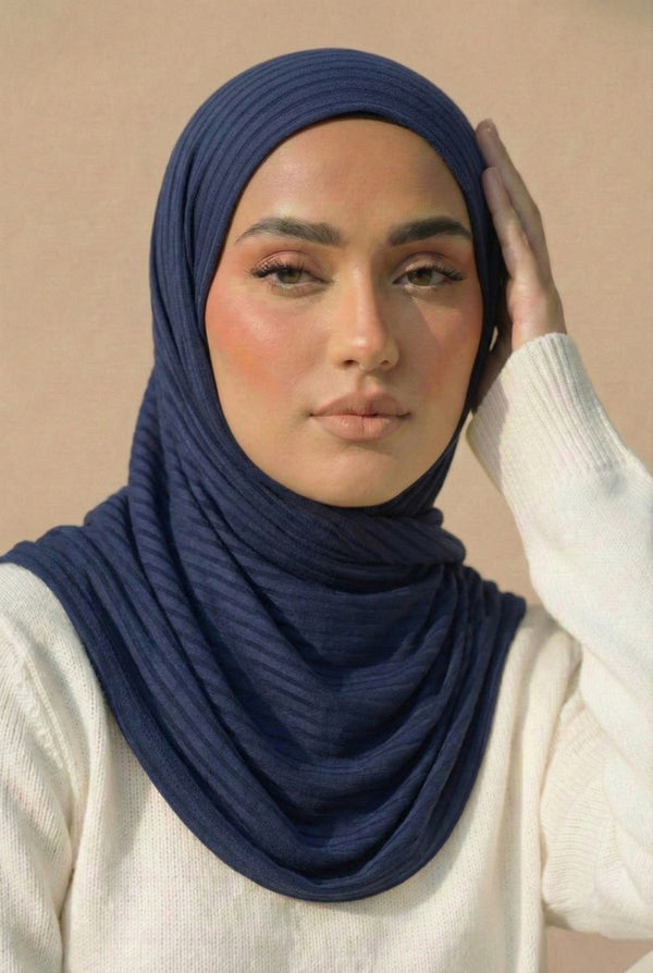 Ribbed Jersey Striped Hijab - Navy Blue