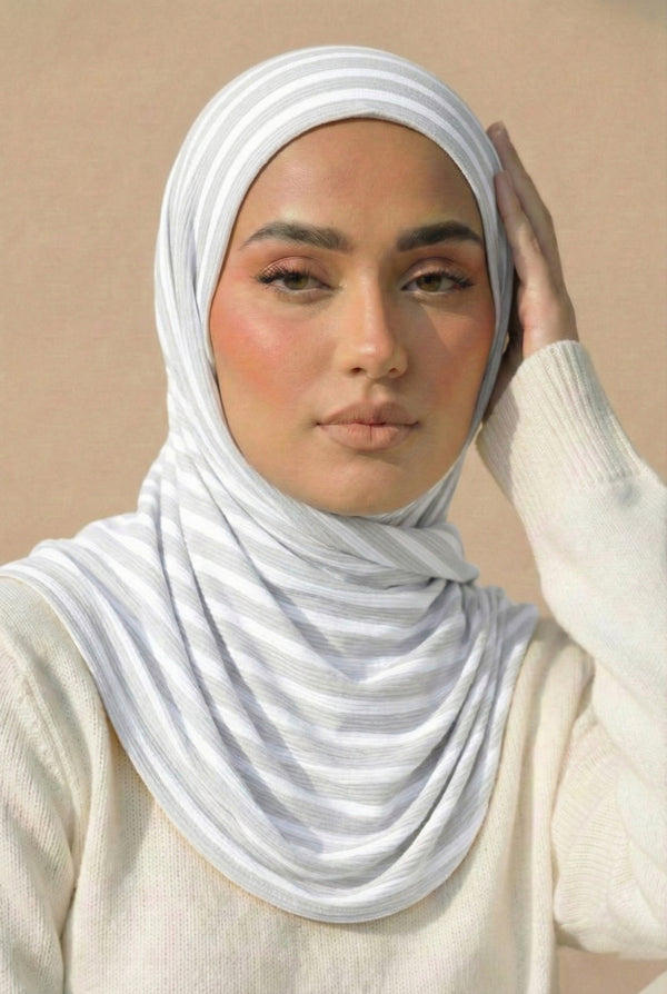 Ribbed Jersey Striped Hijab - Pure White