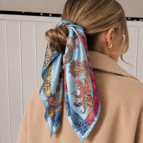 Sky Blue Ornamental Paisley Silk Bandana