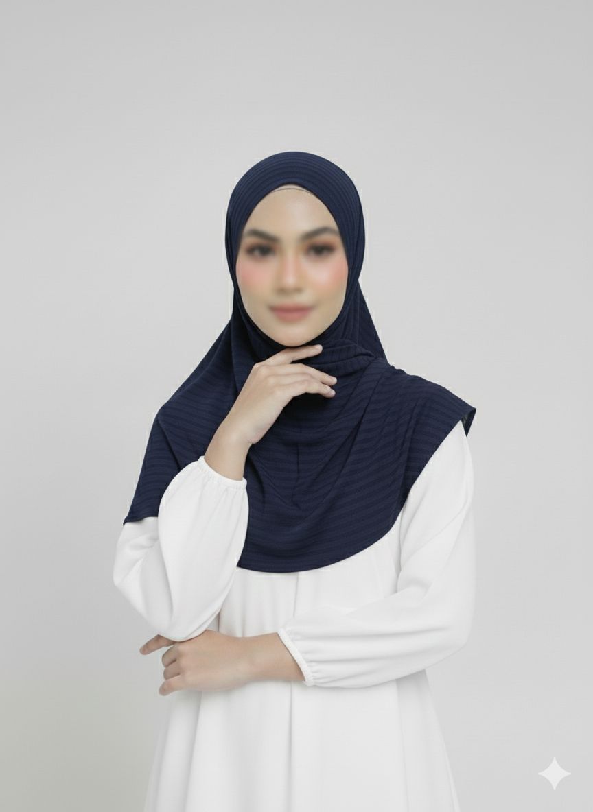Ribbed Jersey Striped Hijab - Navy Blue