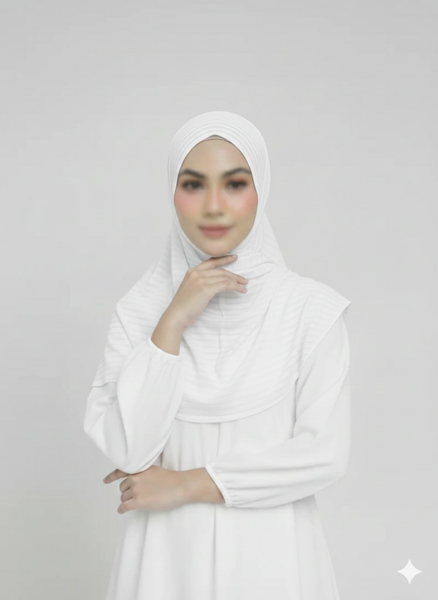 Ribbed Jersey Striped Hijab - Pure White