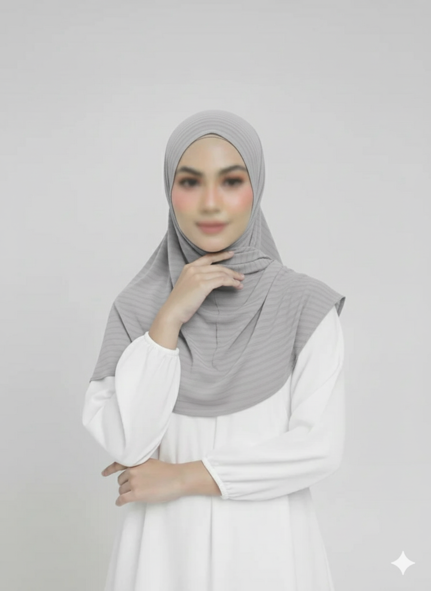 Ribbed Jersey Striped Hijab - Grey