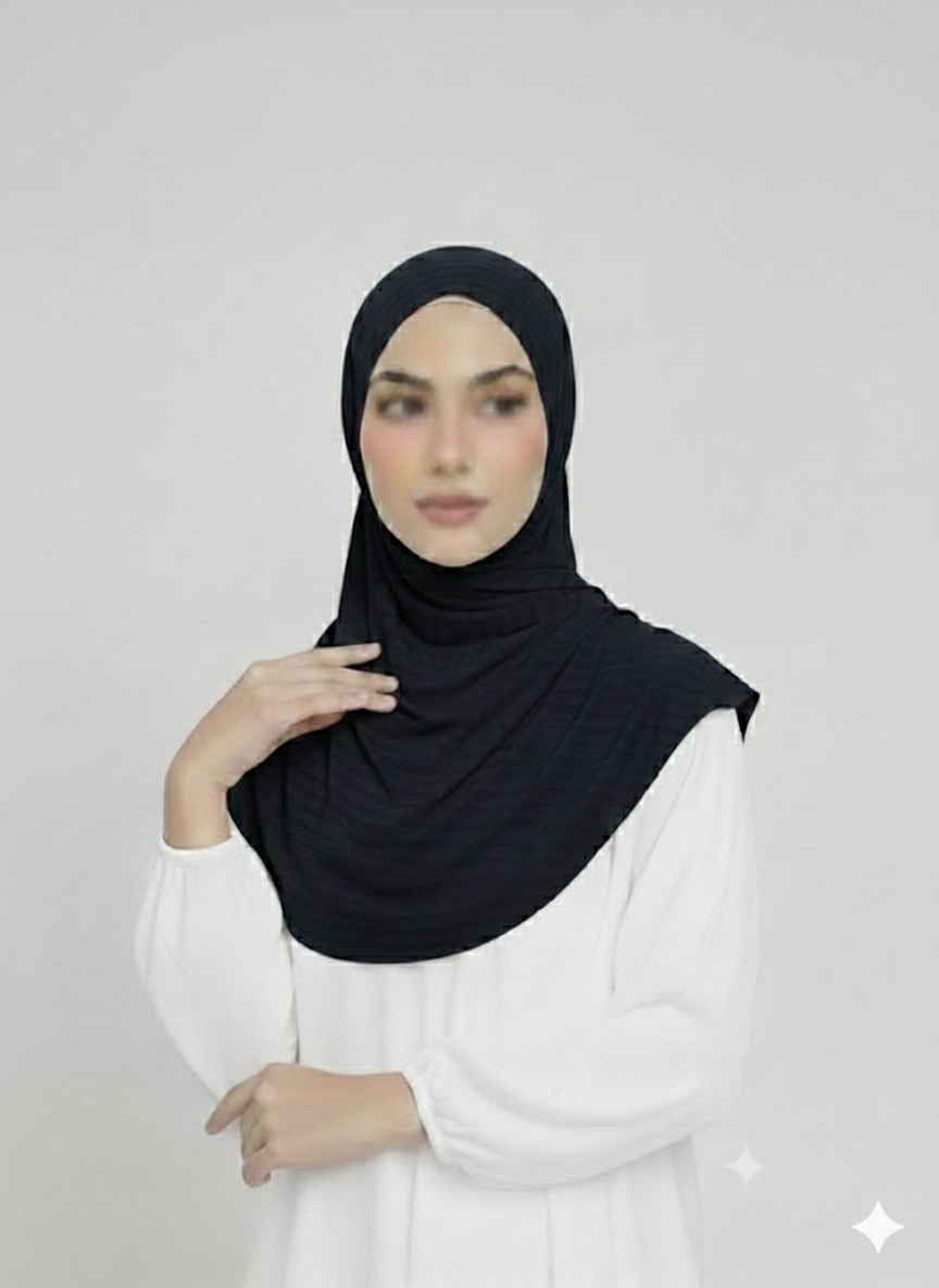 Ribbed Jersey Striped Hijab - Black