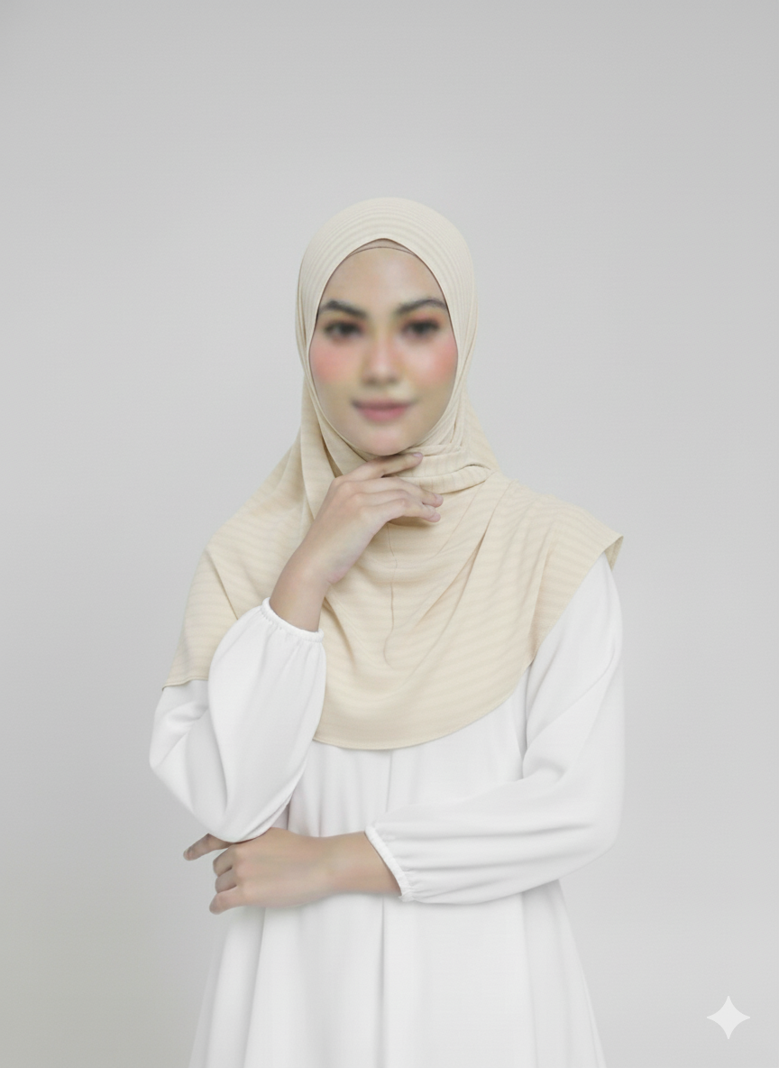Ribbed Jersey Striped Hijab - Cream