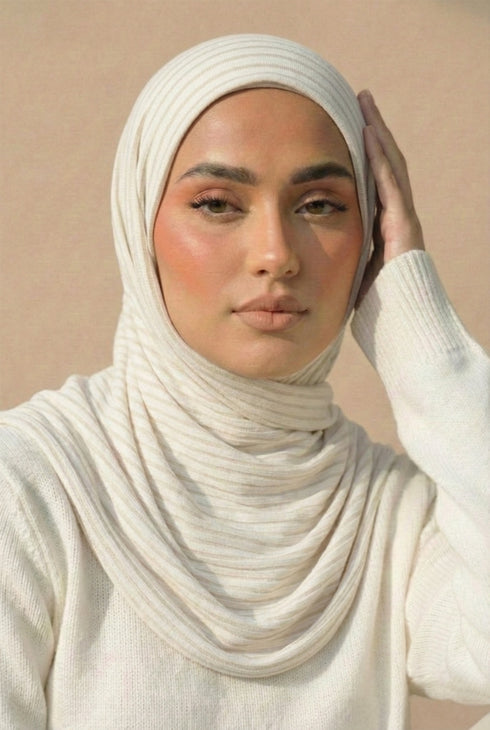 Ribbed Jersey Striped Hijab - Off White