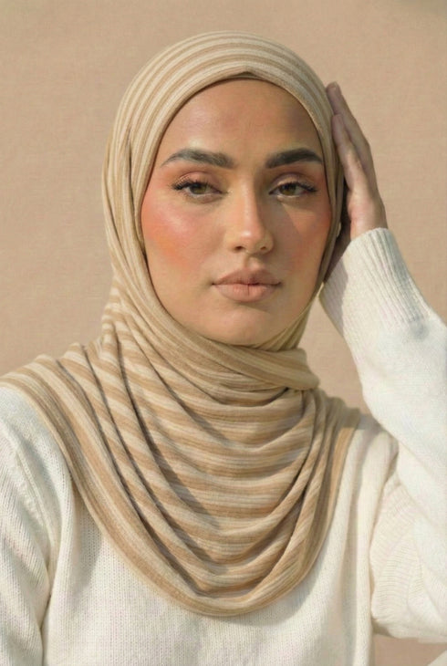 Ribbed Jersey Striped Hijab - Sand