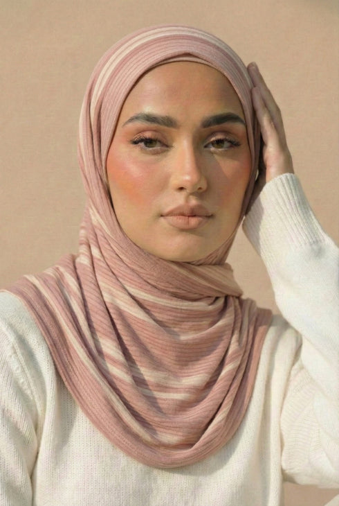 Ribbed Jersey Striped Hijab - Tea Pink