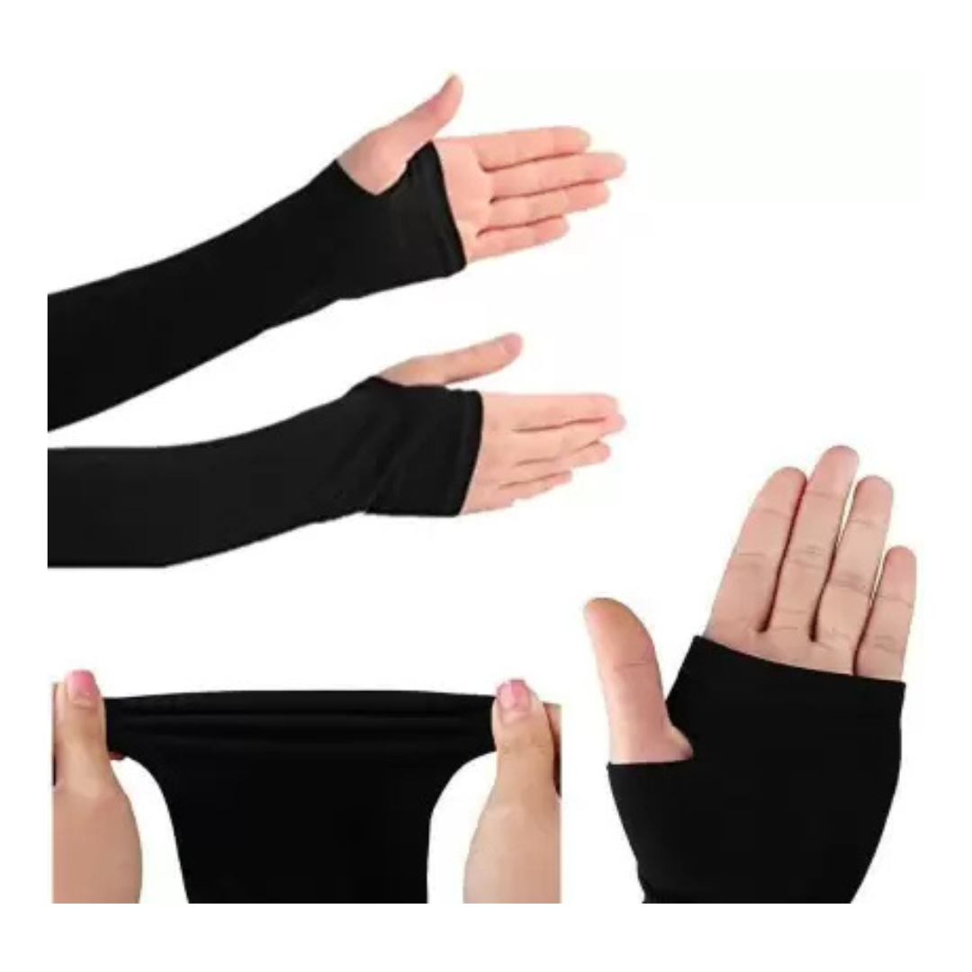 Black stretchable arm sleeves with thumb holes for a secure fit. Perfect for outdoor activities and fashion styling.