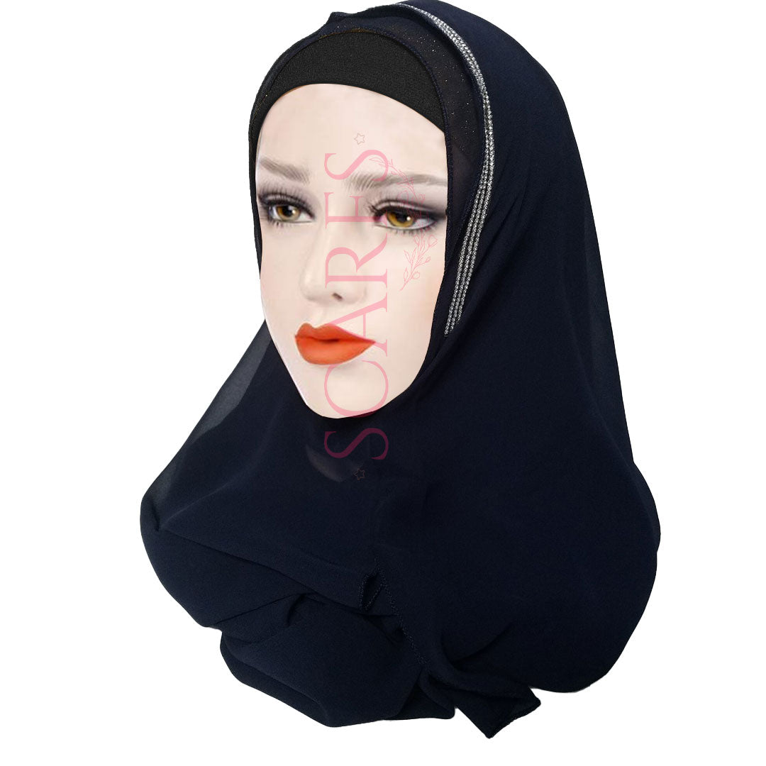 Two Loops Chiffon Instant Hijab - Navy Blue - Scarfs.pk